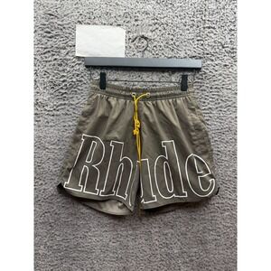 Rhude RH Logo Drawstring Elastic Waist Swim Trunks Olive Green Mens Size XS